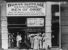 Belle Sherwin and Florence Ellinwood Allen at Woman suffrage headquarters, Upper Euclid Avenue, Cleveland, 1912